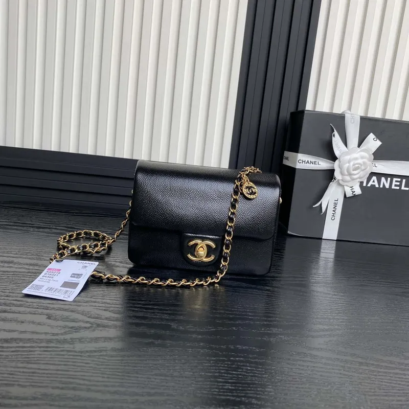 Chanel AS5218 Mini Flap Bag Grained Shiny Calfskin & Gold Tone Metal Black