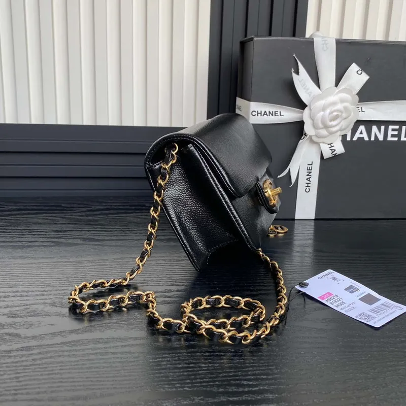 Chanel AS5218 Mini Flap Bag Grained Shiny Calfskin & Gold Tone Metal Black