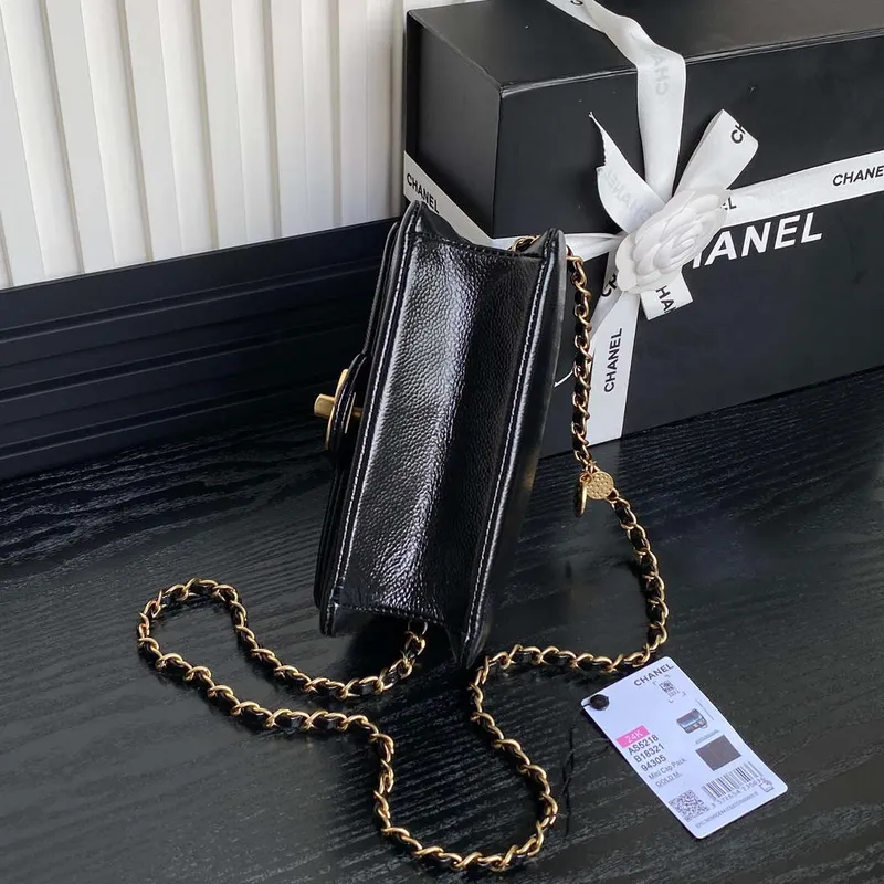 Chanel AS5218 Mini Flap Bag Grained Shiny Calfskin & Gold Tone Metal Black