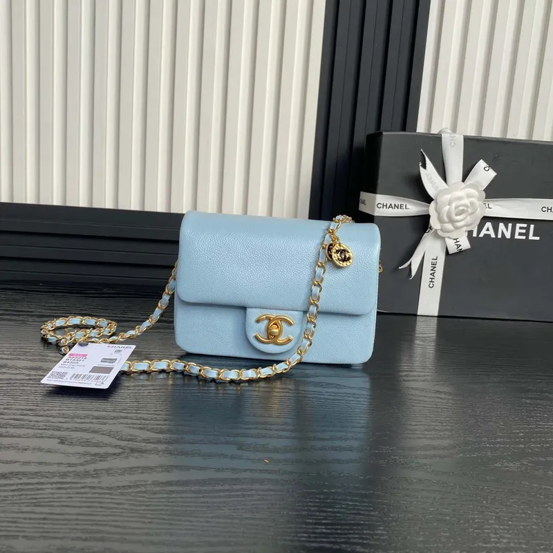 Chanel AS5218 Mini Flap Bag Grained Shiny Calfskin & Gold Tone Metal Light Blue