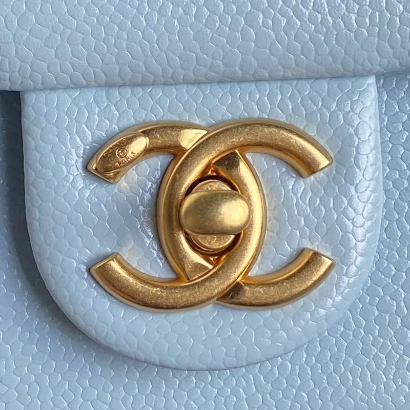 Chanel AS5218 Mini Flap Bag Grained Shiny Calfskin & Gold Tone Metal Light Blue