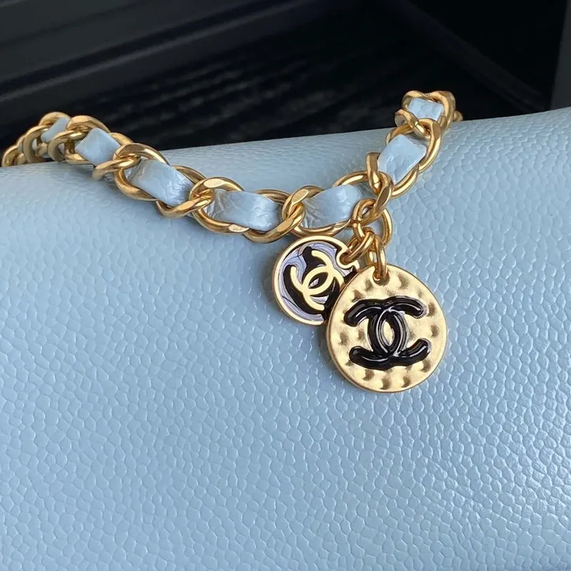 Chanel AS5218 Mini Flap Bag Grained Shiny Calfskin & Gold Tone Metal Light Blue