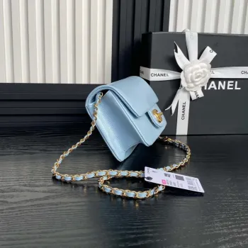 Chanel AS5218 Mini Flap Bag Grained Shiny Calfskin & Gold Tone Metal Light Blue