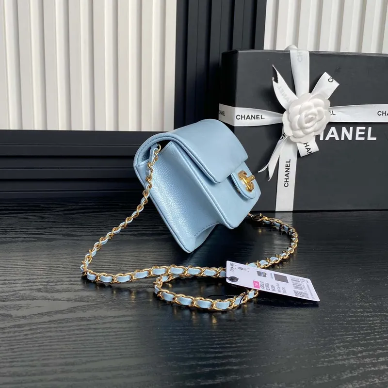 Chanel AS5218 Mini Flap Bag Grained Shiny Calfskin & Gold Tone Metal Light Blue