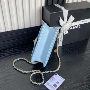 Chanel AS5218 Mini Flap Bag Grained Shiny Calfskin & Gold Tone Metal Light Blue