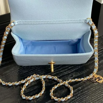 Chanel AS5218 Mini Flap Bag Grained Shiny Calfskin & Gold Tone Metal Light Blue