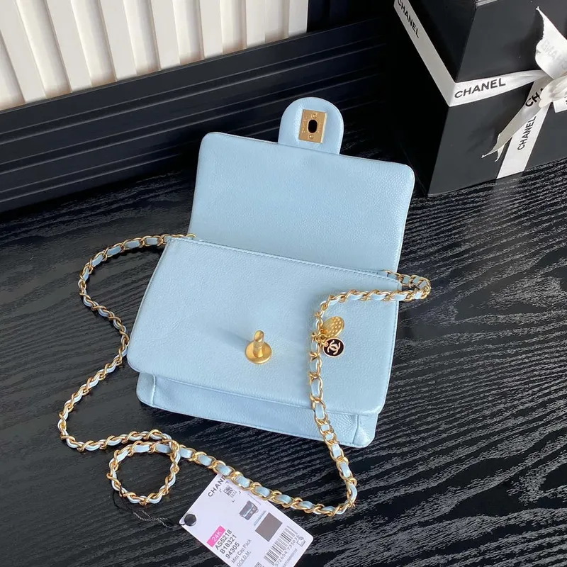 Chanel AS5218 Mini Flap Bag Grained Shiny Calfskin & Gold Tone Metal Light Blue