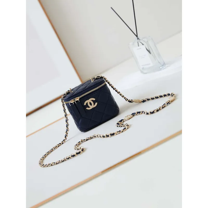 Chanel AP4302 Mini Clutch Embossed Rhinestone with Chain Vanity Box bag Navy Blue