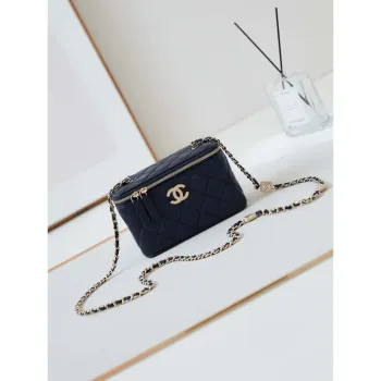 Chanel AP4301 Clutch Embossed Rhinestone with Chain Vanity Box bag Dark Blue