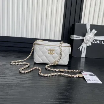 Chanel AP4301 Clutch Embossed Rhinestone with Chain Vanity Box bag White