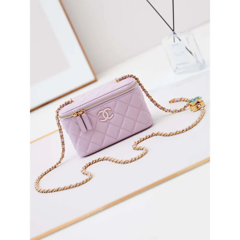 Chanel AP3940 Clutch With Chain Lambskin Vanity Box bag with Enamel buckle light Purple