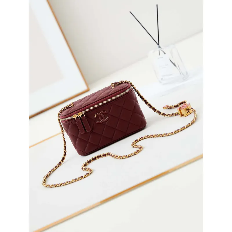 Chanel AP3940 Clutch With Chain Lambskin Vanity Box bag with Enamel buckle Wine Red