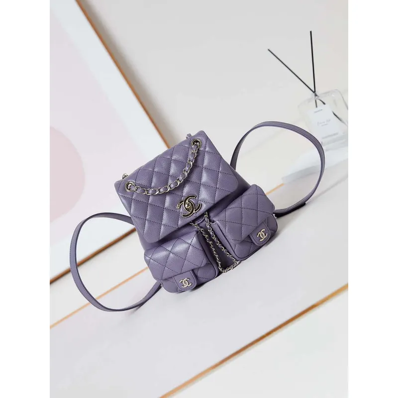 Chanel AS3860 Backpack Grained Shiny Calfskin Gold Light Purple