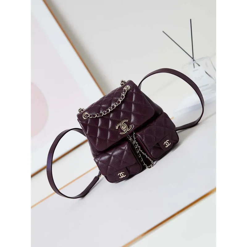 Chanel AS3860 Backpack Grained Shiny Calfskin Gold Wine Red