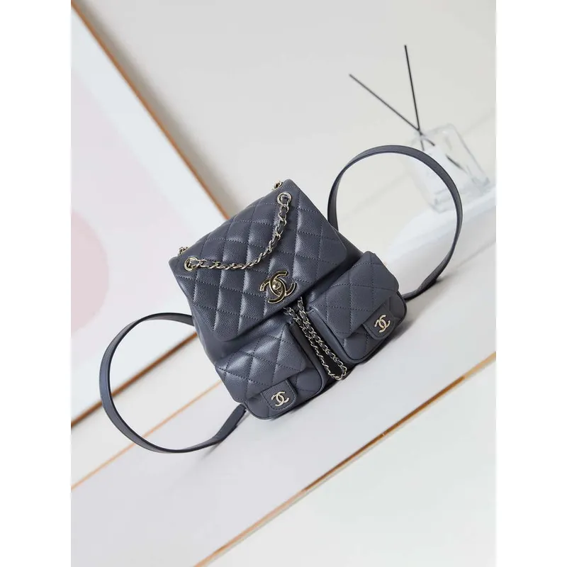 Chanel AS3860 Backpack Grained Shiny Calfskin Gold Gray