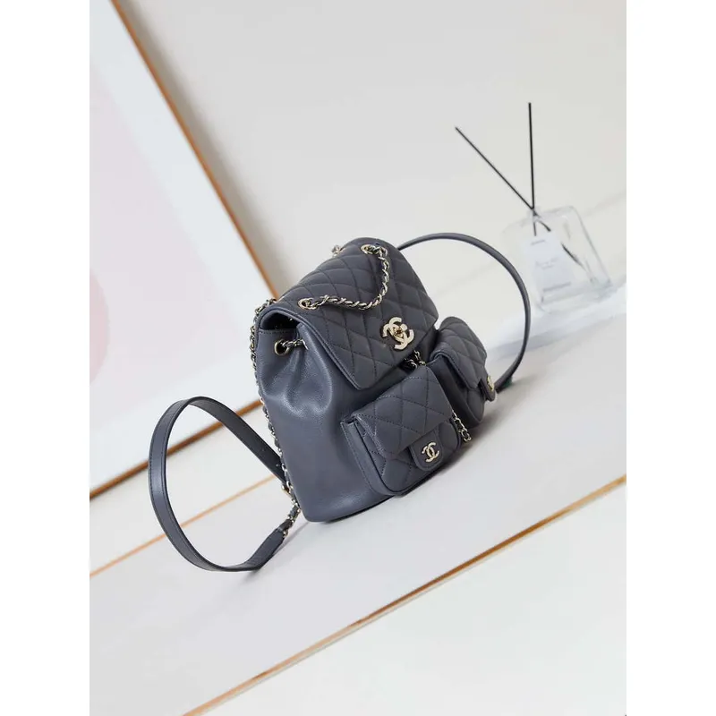 Chanel AS3860 Backpack Grained Shiny Calfskin Gold Gray