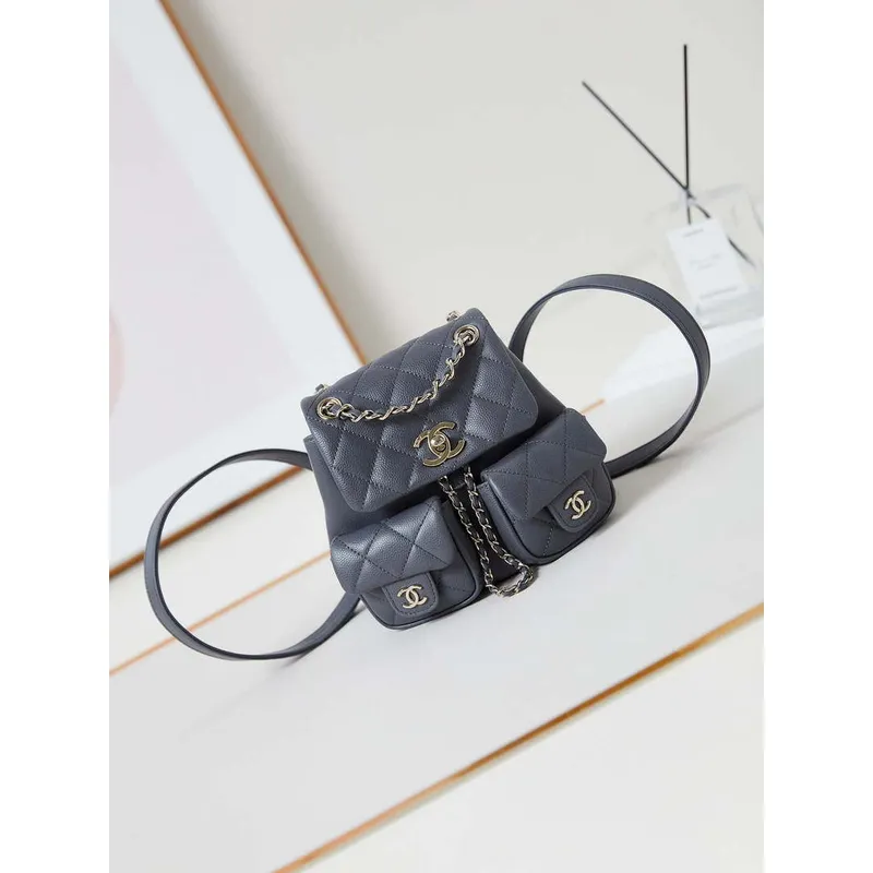 Chanel Small Backpack Grained Shiny Calfskin & Gold Tone Metal AS3787 Gray