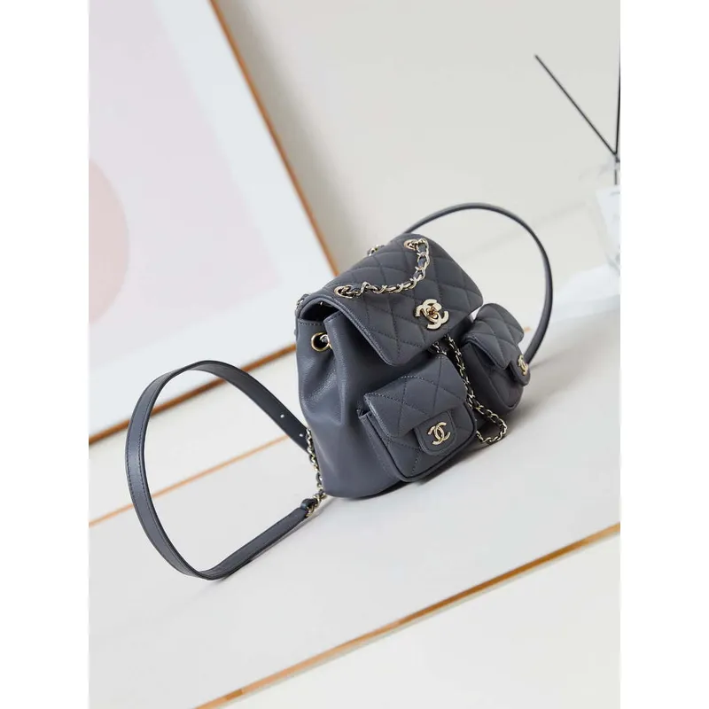 Chanel Small Backpack Grained Shiny Calfskin & Gold Tone Metal AS3787 Gray