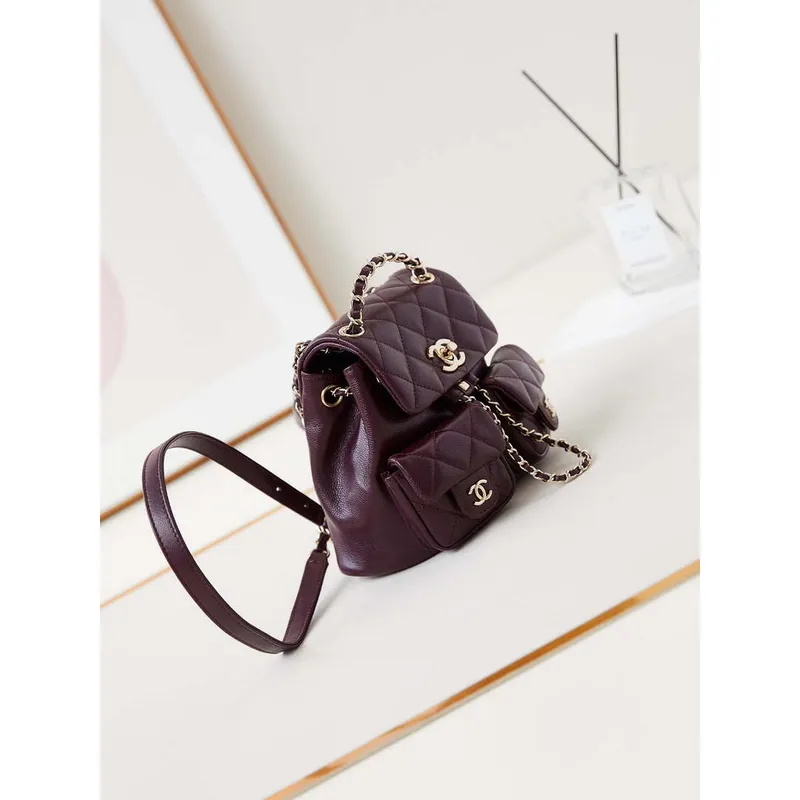 Chanel AS3787 Small Backpack Grained Shiny Calfskin & Gold Tone Metal Wine Red