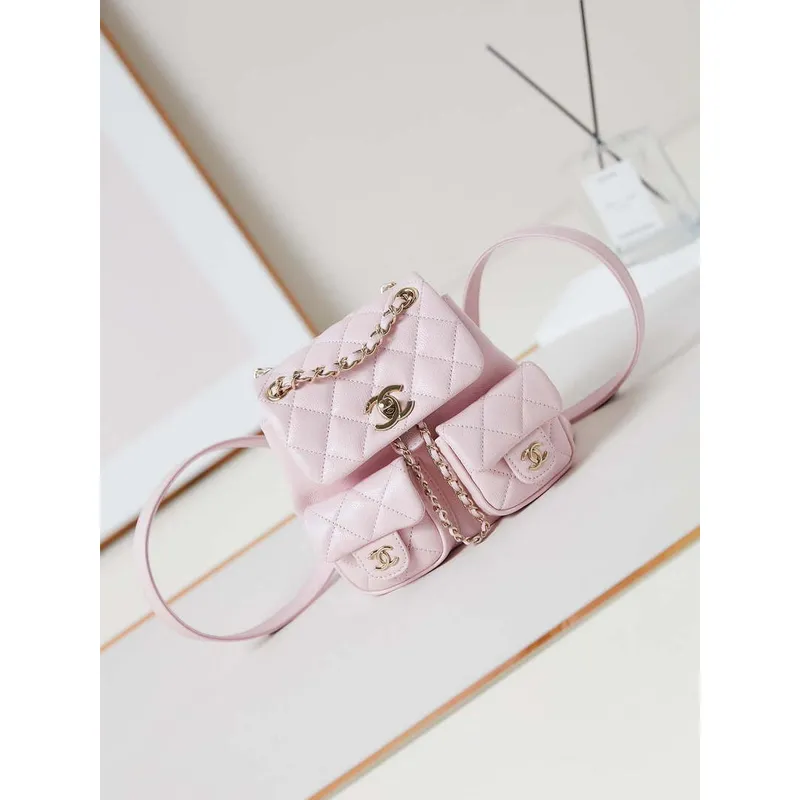 Chanel AS3787 Small Backpack Grained Shiny Calfskin & Gold Tone Metal Light Pink
