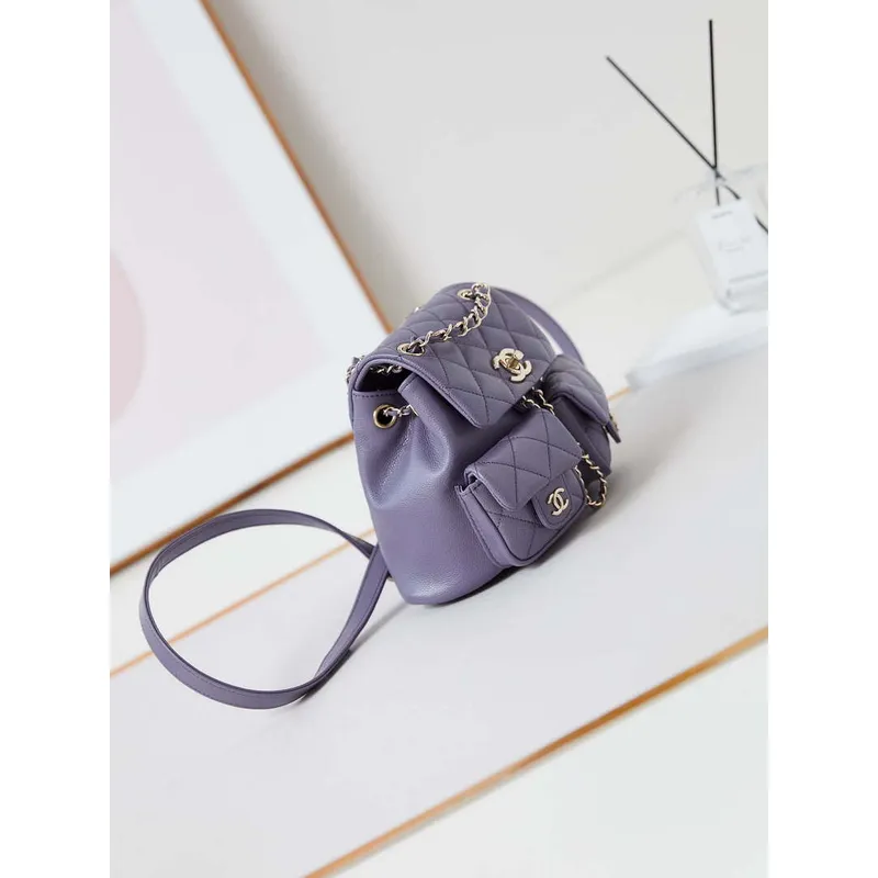Chanel AS3787 Small Backpack Grained Shiny Calfskin & Gold Tone Metal Light Purple