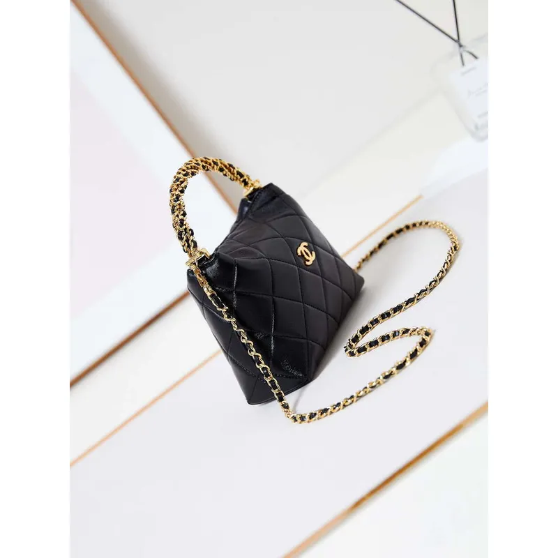 Chanel AS4189 Hobo braided With top handle Shiny Lambskin & Gold Tone Metal Black