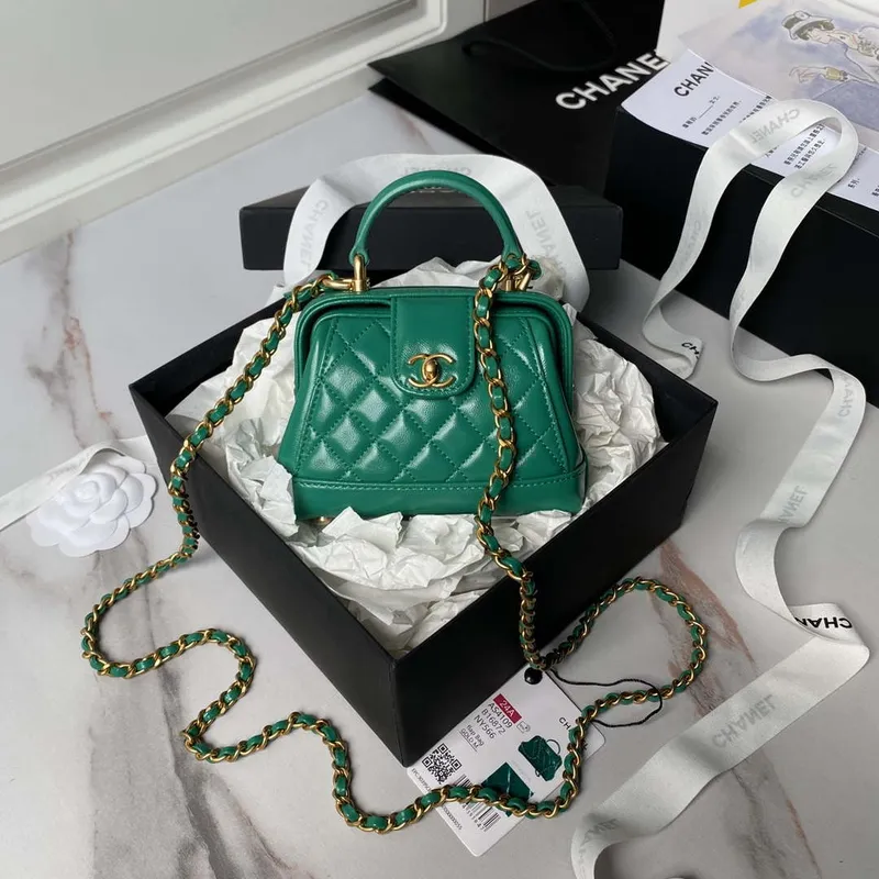 Chanel AS4109 Mini Flap bag With top handle Shiny Lambskin & Gold Tone Metal Green