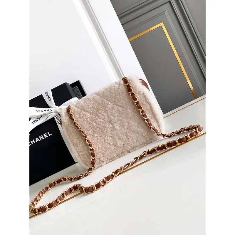 Chanel AS5148 Mini Flap Bag Shearling Lambskin & Gold Tone Metal Beige & Brown