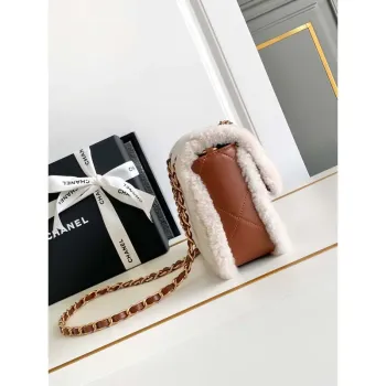 Chanel AS5149 Flap Bag Shearling Lambskin & Gold Tone Metal Beige & Brown