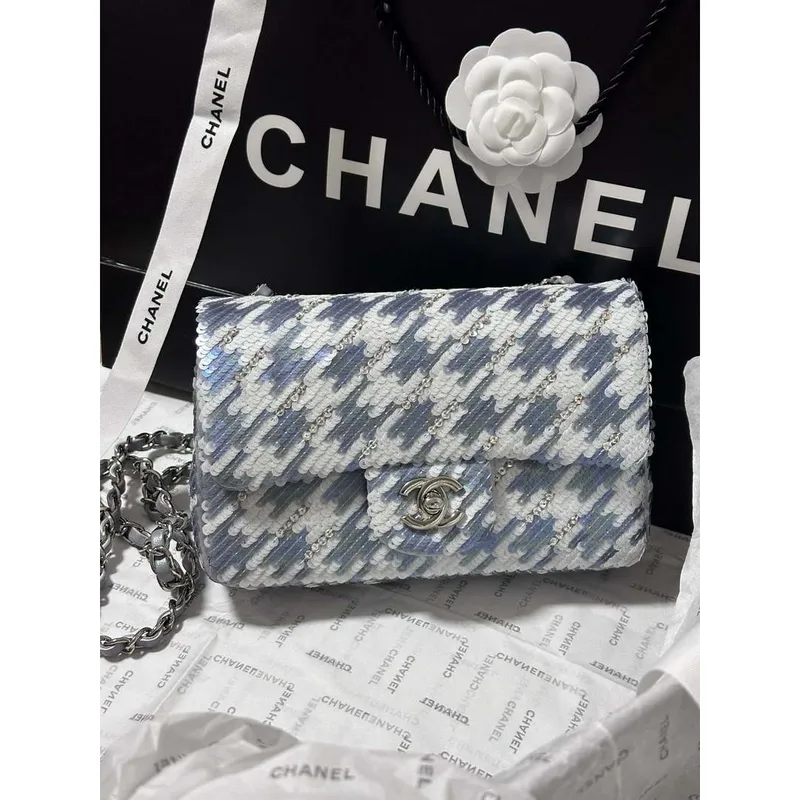 Chanel A69900 Mini Classic Handbag Embroidered Satin Sequins & Silver Tone Metal