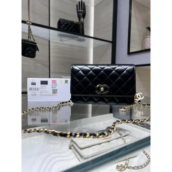 Chanel AP3938  Wallet On Chain Shiny Lambskin  Enamel & Gold Tone Metal Black