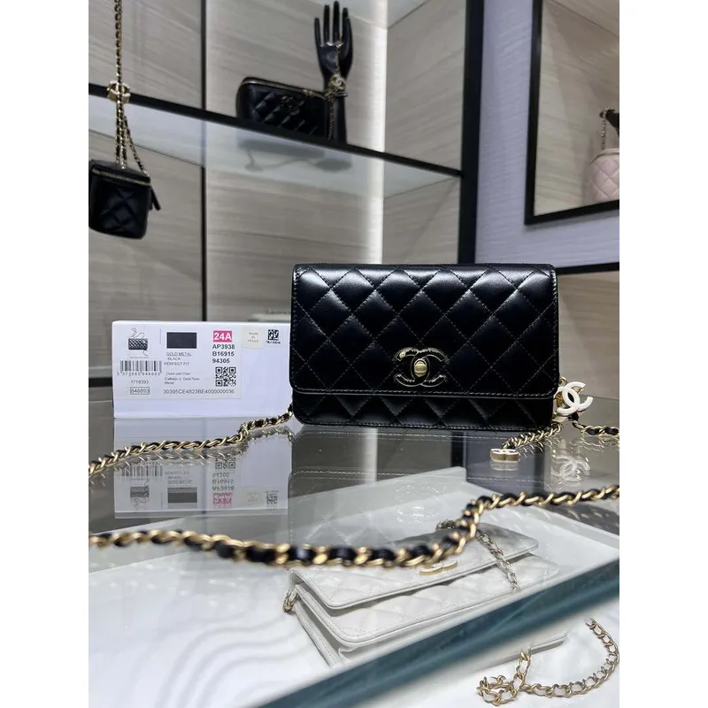 Chanel AP3938  Wallet On Chain Shiny Lambskin  Enamel & Gold Tone Metal Black