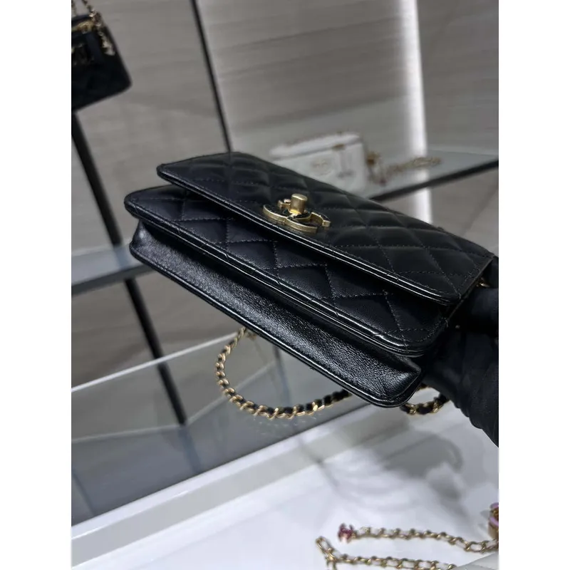 Chanel AP3938  Wallet On Chain Shiny Lambskin  Enamel & Gold Tone Metal Black