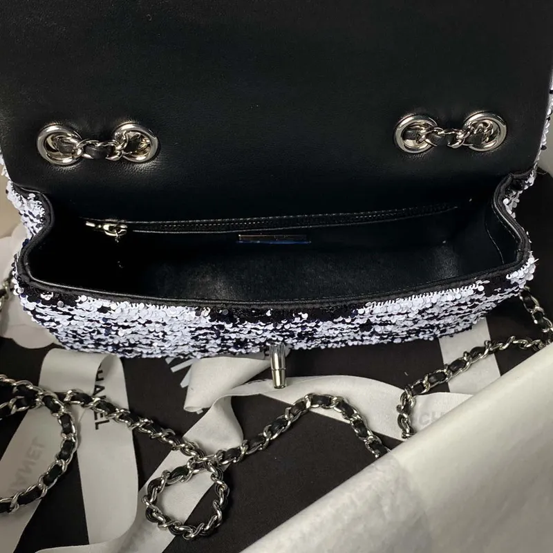 Chanel AS4561 Evening Bag Sequins & Silver Tone Metal Black White