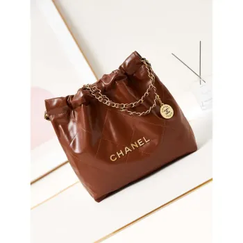 Chanel 22 AS3260 Small Handbag Shiny Calfskin Brown Gold