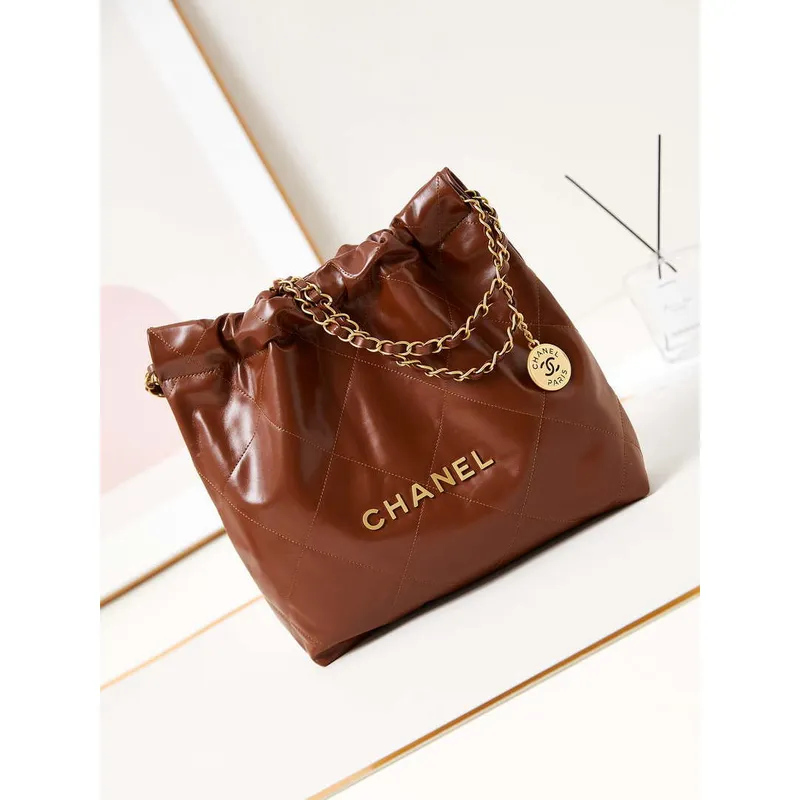 Chanel 22 AS3260 Small Handbag Shiny Calfskin Brown Gold