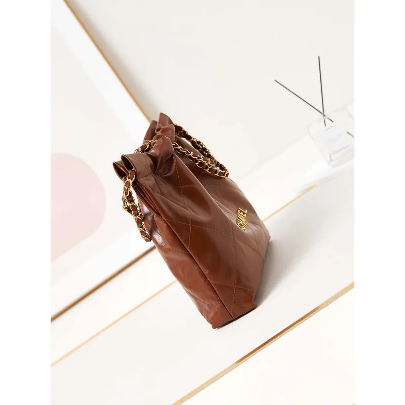Chanel 22 AS3260 Small Handbag Shiny Calfskin Brown Gold