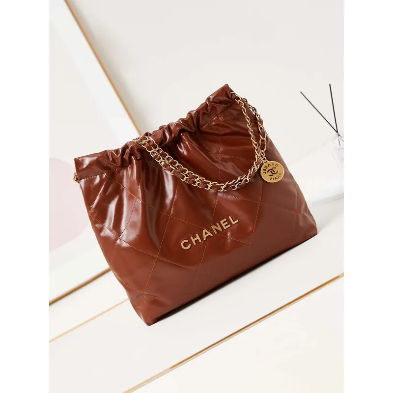 Chanel 22 AS3261 Handbag Shiny Calfskin Brown Gold