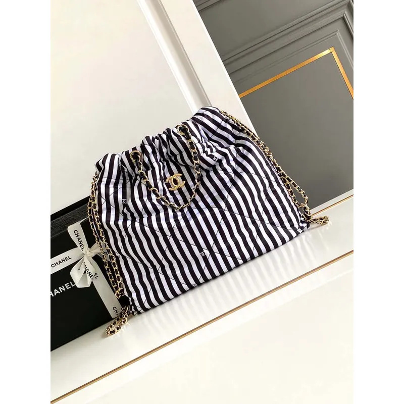 Chanel AS4692 Large Backpack Printed Fabric & Gold Metal White & Black