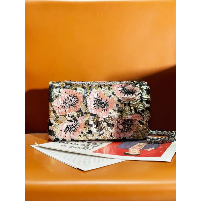 Chanel A01112 Flap Classic 11.12 Handbag Lambskin & Silver Tone Sequins and glass pearls