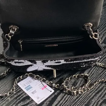 Chanel AS4561 Evening Bag Sequins & Silver Tone Metal Black &  White