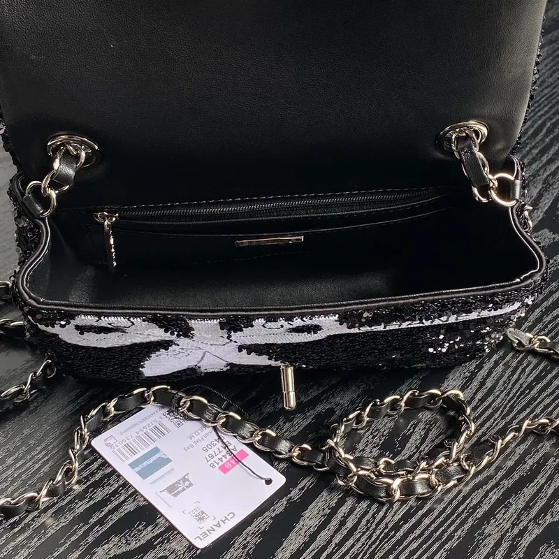 Chanel AS4561 Evening Bag Sequins & Silver Tone Metal Black &  White
