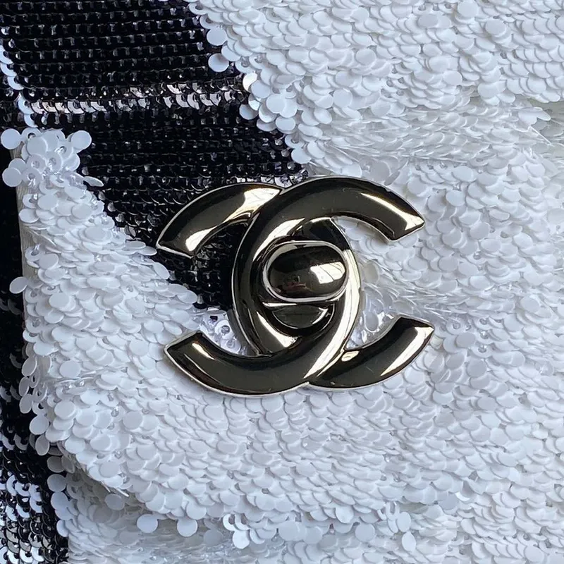Chanel AS4561 Evening Bag Sequins & Silver Tone Metal White & Black