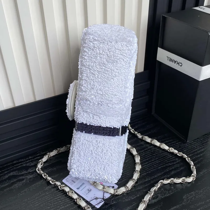 Chanel AS4561 Evening Bag Sequins & Silver Tone Metal White & Black