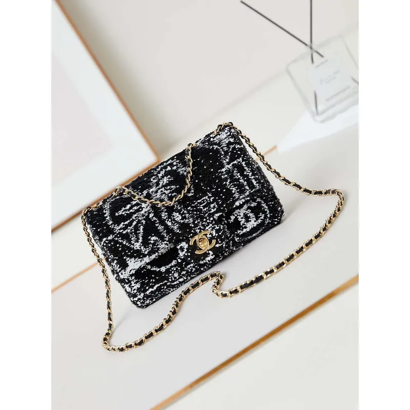 Chanel AS4561 Evening Bag Sequins & Gold Tone Metal Black & White