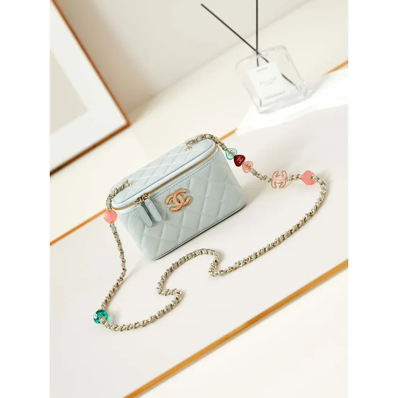 Chanel AP3784 Clutch With Chain Lambskin Vanity Box bag with Enamel buckle AP3231 Light Blue