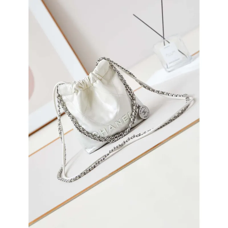 Chanel 22 Mini Handbag Patent Gradient Calfskin Lacquered Metal AS3980 White & pink silver