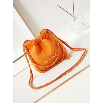 CHANEL 22 Mini Handbag Washed Canvas & Gold Tone Metal AS3980 Orange