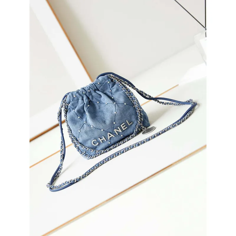 CHANEL 22 Mini Handbag Washed Denim & Silver Tone Metal AS3980 Blue