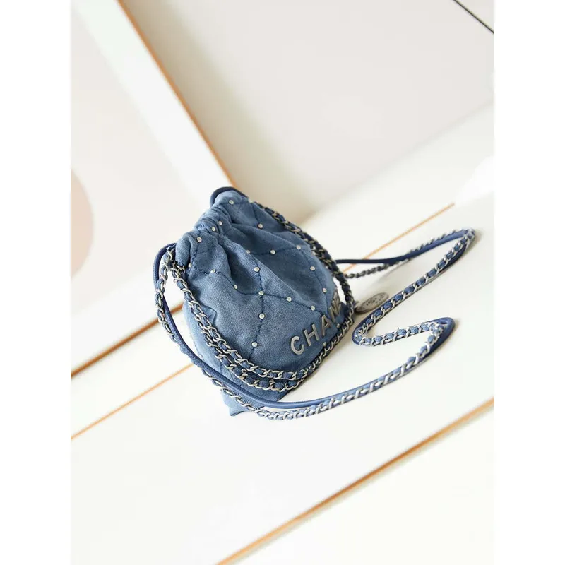 CHANEL 22 Mini Handbag Washed Denim & Silver Tone Metal AS3980 Blue